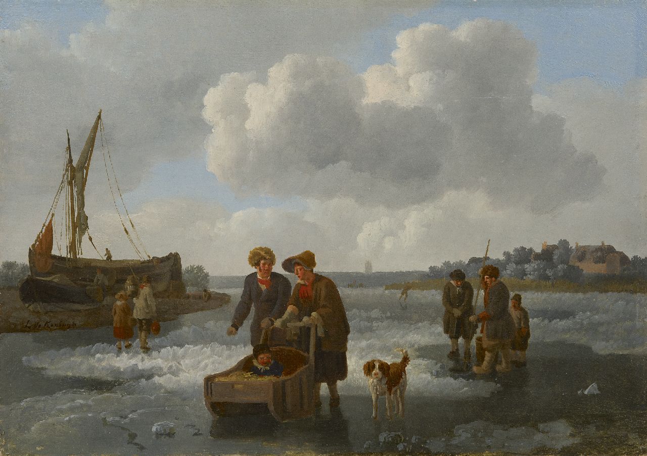 Koningh L. de | Leendert de Koningh | Schilderijen te koop aangeboden | IJsvissers en slede op een bevroren rivier, olieverf op paneel 30,1 x 42,0 cm, gesigneerd links van het midden