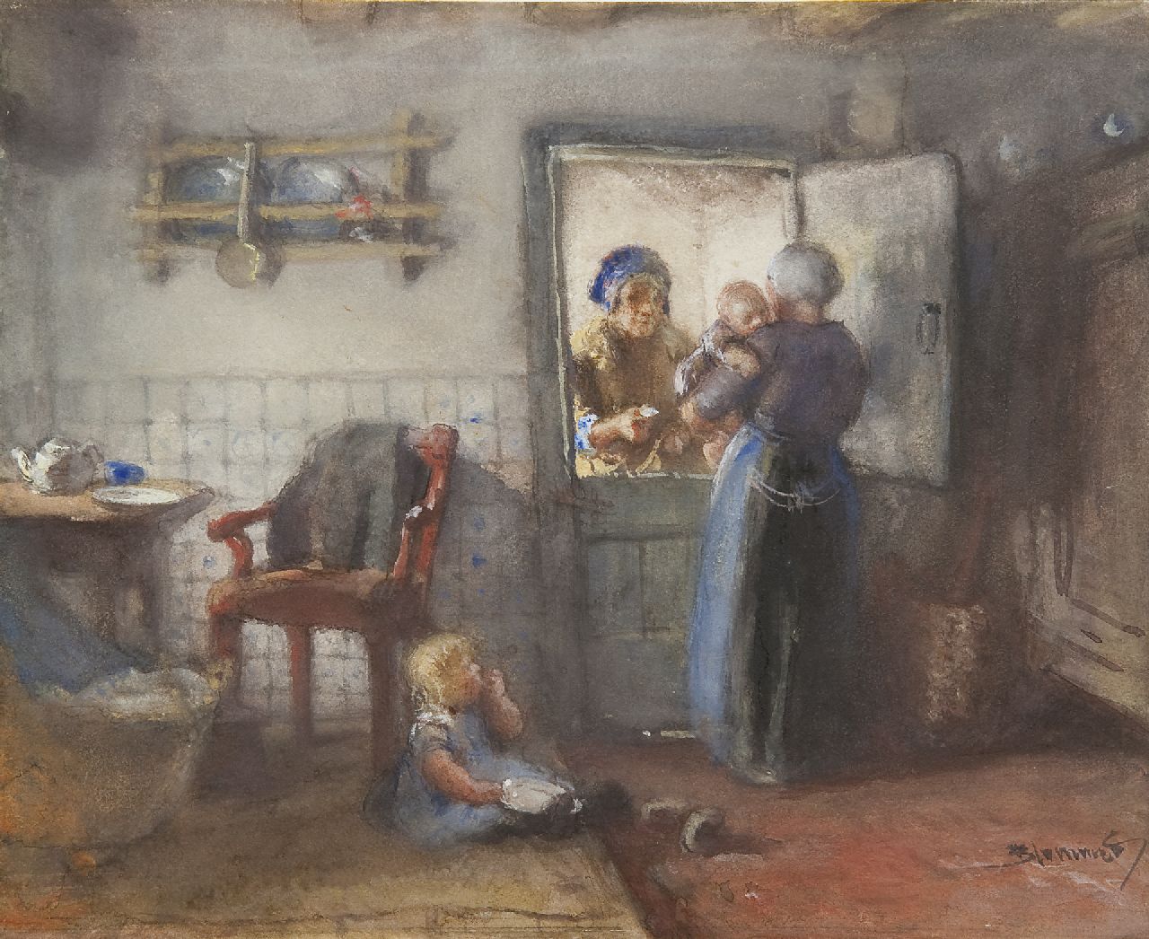Blommers B.J.  | Bernardus Johannes Blommers, Praatje bij de keukendeur, aquarel op papier 20,0 x 24,2 cm, gesigneerd rechtsonder