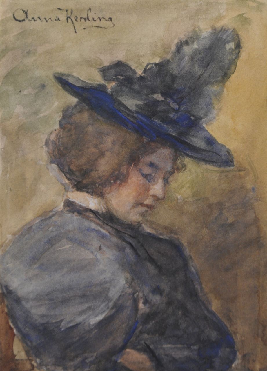 Kerling A.E.  | Anna Elisabeth Kerling, Dame met hoed, aquarel op papier 16,1 x 11,6 cm, gesigneerd linksboven
