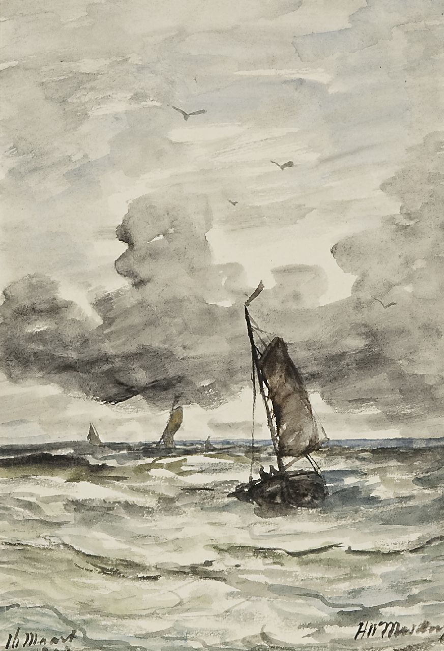 Mesdag H.W.  | Hendrik Willem Mesdag, Bomschuiten op zee, aquarel op papier 28,5 x 19,5 cm, gesigneerd rechtsonder en gedateerd 16 maart 1898