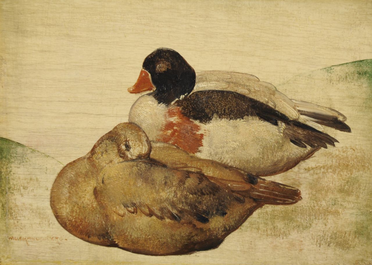 Berg W.H. van den | 'Willem' Hendrik van den Berg, Twee eenden, olieverf op paneel 16,0 x 22,0 cm, gesigneerd linksonder en verso