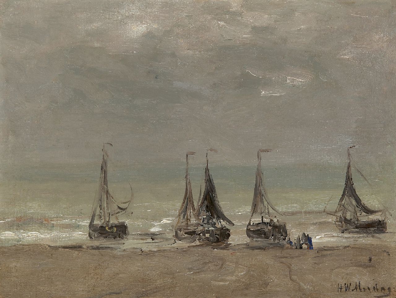 Mesdag H.W.  | Hendrik Willem Mesdag, Vijf bommen in de branding, olieverf op doek op paneel 30,4 x 40,4 cm, gesigneerd rechtsonder