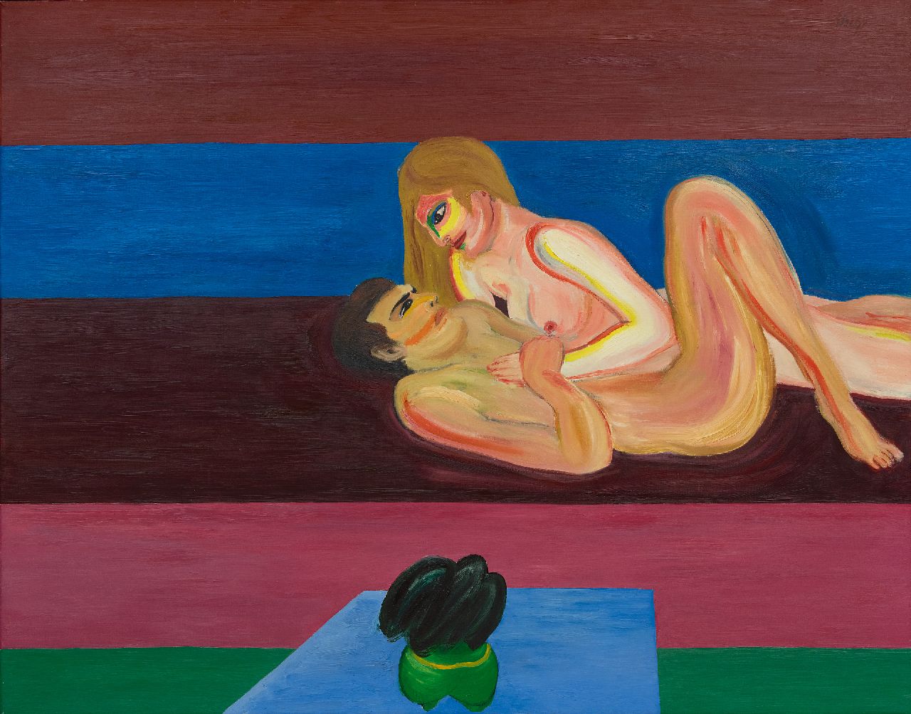 Yvan Theys | Liefdesscène in abstracte ruimte, olieverf op doek, 118,0 x 146,1 cm, gesigneerd r.b. en op spieraam gedateerd 1975