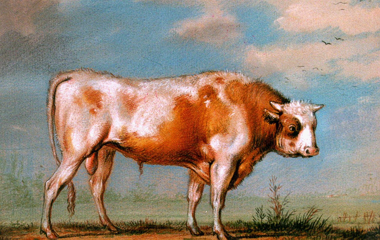Verboeckhoven E.J.  | Eugène Joseph Verboeckhoven, Roodbonte stier, pastel op papier 12,5 x 16,6 cm, gesigneerd linksonder mon en gedateerd 1817