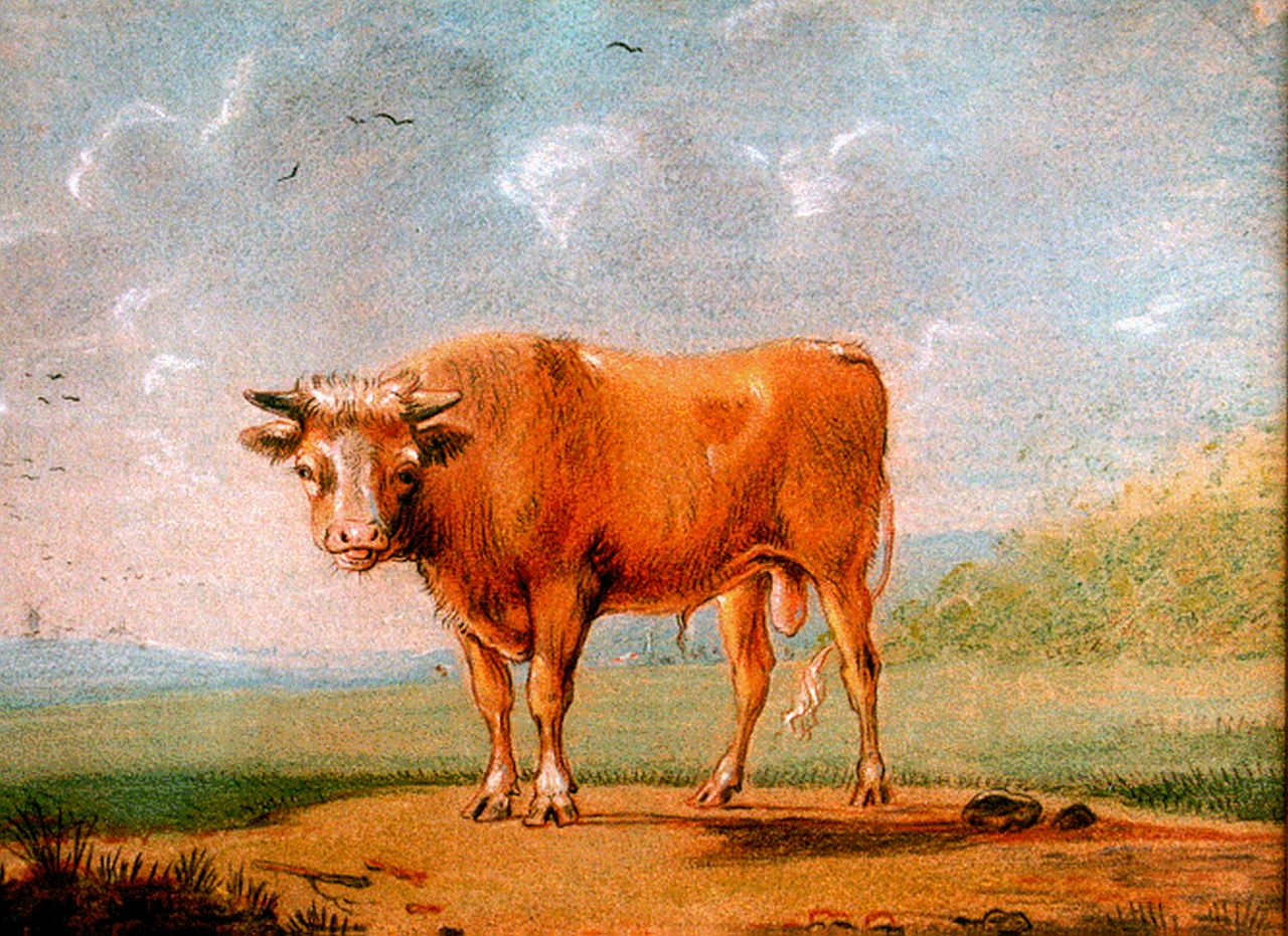 Verboeckhoven E.J.  | Eugène Joseph Verboeckhoven, Bruine stier in landschap, pastel op papier 12,8 x 16,5 cm, gesigneerd r.v.h. m en gedateerd 1817