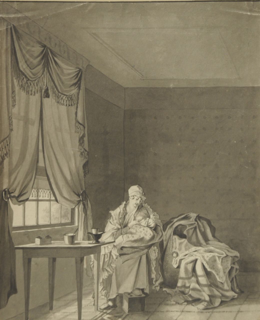 Abraham Krayestein | Interieur met vrouw en kind, pen, penseel en inkt op papier, 34,4 x 28,2 cm, gesigneerd m.b. op opzetvel en gedateerd 1829