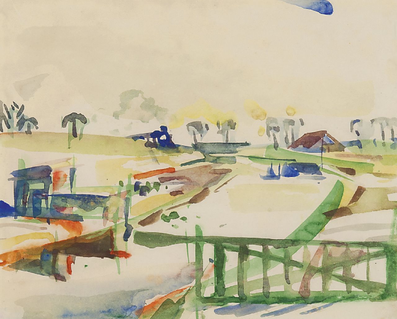 Jordens J.G.  | 'Jan' Gerrit Jordens, Landschap met boerderij, aquarel op papier 22,5 x 28,0 cm, gesigneerd rechtsboven en gedateerd 16-3-'53 (onder passepartout)