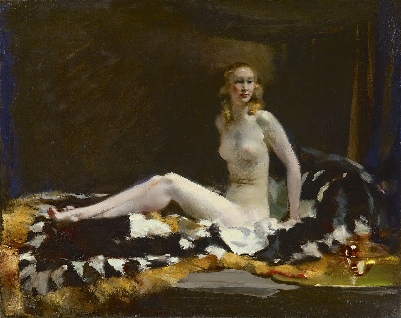Nissl R.  | Rudolf Nissl, Vrouwelijk naakt, olieverf op doek 57,3 x 72,2 cm, gesigneerd rechtsonder