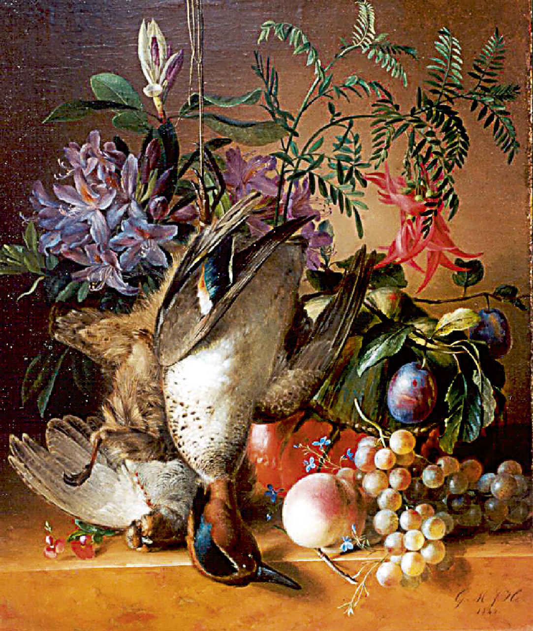 Huidekoper G.M.J.  | Geertruida Margaretha Jacoba Huidekoper, Stilleven met bloemen, fruit en wild, olieverf op doek op paneel 54,2 x 46,3 cm, gesigneerd rechtsonder met initialen en gedateerd 1844