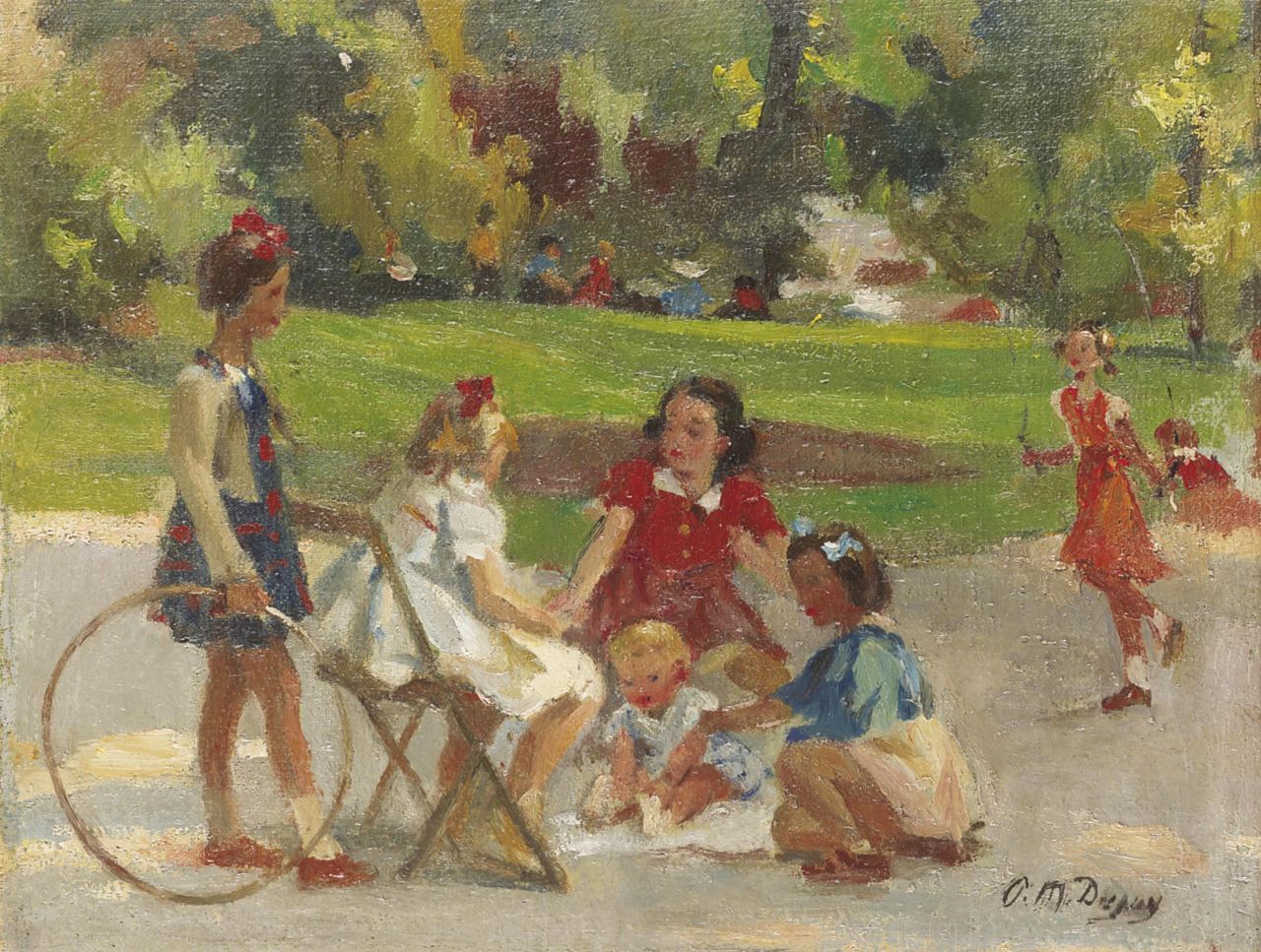 Dupuy P.M.  | Paul Michel Dupuy, Spelende meisjes in het Parc Monceau, Parijs, olieverf op doek 28,6 x 37,2 cm, gesigneerd rechtsonder