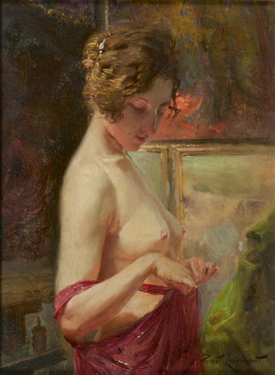Livemont H.P.A.T.  | Henri 'Privat' Antoine Théodore Livemont, Jonge vrouw, half ontkleed, olieverf op paneel 29,8 x 22,7 cm, gesigneerd rechtsonder