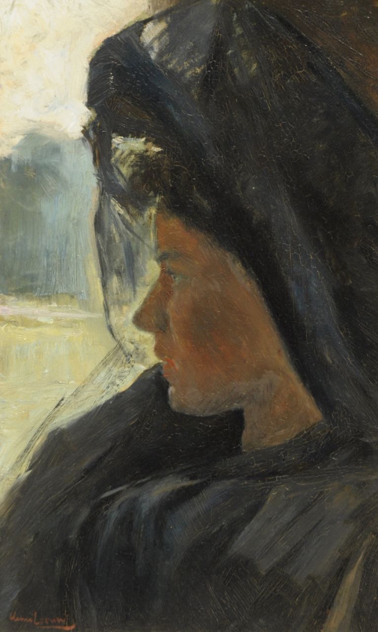 Leeuw H.  | Henri Leeuw, Portret van een modieuze jonge vrouw, olieverf op board 52,8 x 31,9 cm, gesigneerd linksonder