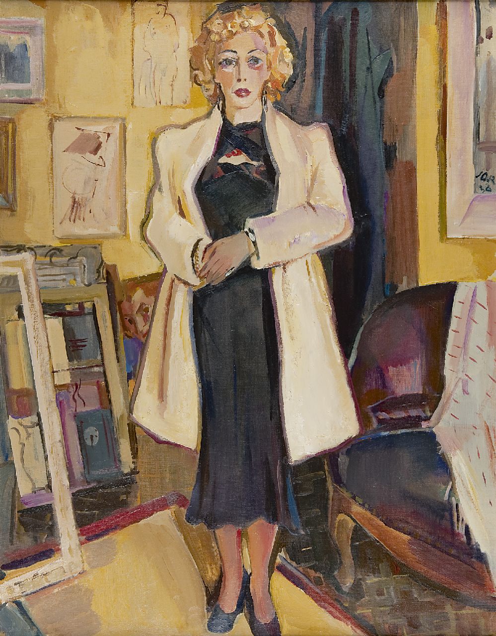 Jordens J.G.  | 'Jan' Gerrit Jordens, Vrouw in schildersinterieur, olieverf op doek 90,6 x 70,7 cm, gesigneerd rechts van het midden en gedateerd '38