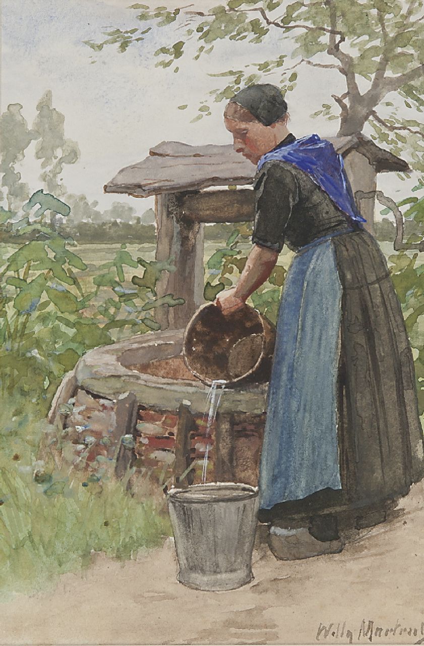 Martens W.  | Willem 'Willy' Martens, Bij de waterput, aquarel op papier 22,0 x 14,7 cm, gesigneerd rechtsonder