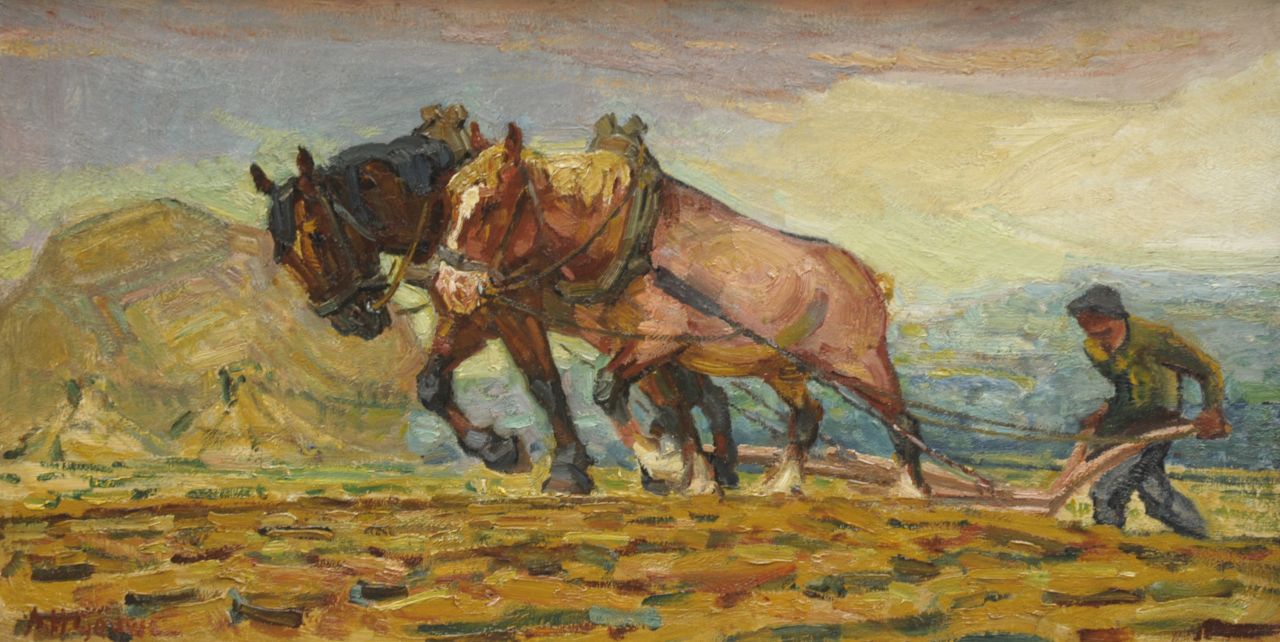 Gouwe A.H.  | Adriaan Herman Gouwe, Ploegende boer met trekpaarden, olieverf op doek 36,8 x 70,3 cm, gesigneerd linksonder