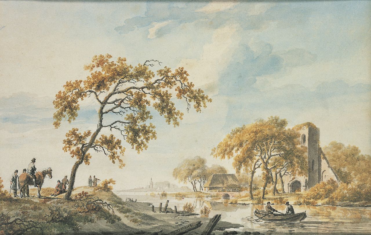 Koekkoek B.C.  | Barend Cornelis Koekkoek, Landvolk bij een rivier met ruïne, gewassen inkt en aquarel op papier 17,4 x 26,5 cm, gesigneerd middenonder