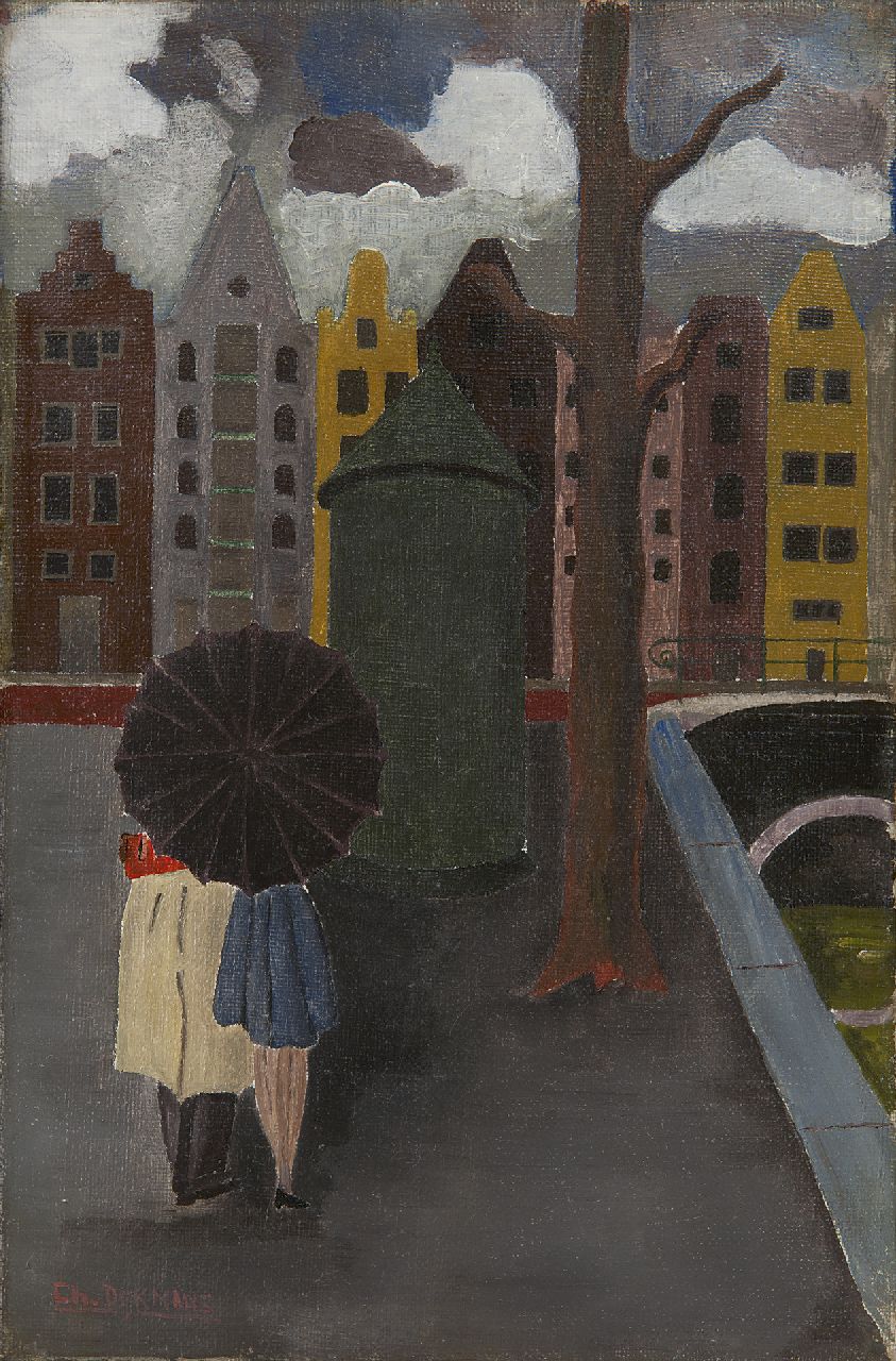 Chris Dijkmans | Samen onder de paraplu, Amsterdam, olieverf op doek, 30,0 x 19,9 cm, gesigneerd l.o.