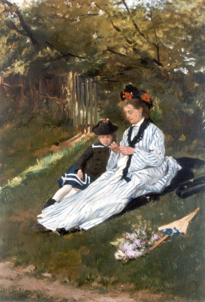 Fontaine V.  | Victor Fontaine, Moeder en dochter verpozen in de tuin, olieverf op doek op paneel 62,3 x 43,7 cm