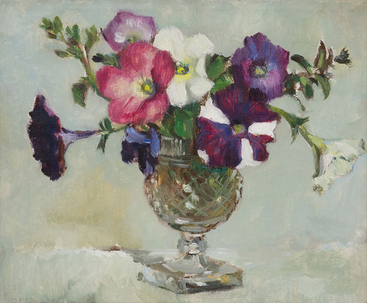 Arntzenius E.C.  | Elise Claudine Arntzenius | Schilderijen te koop aangeboden | Petunia's in een vaas, olieverf op doek 25,2 x 30,2 cm