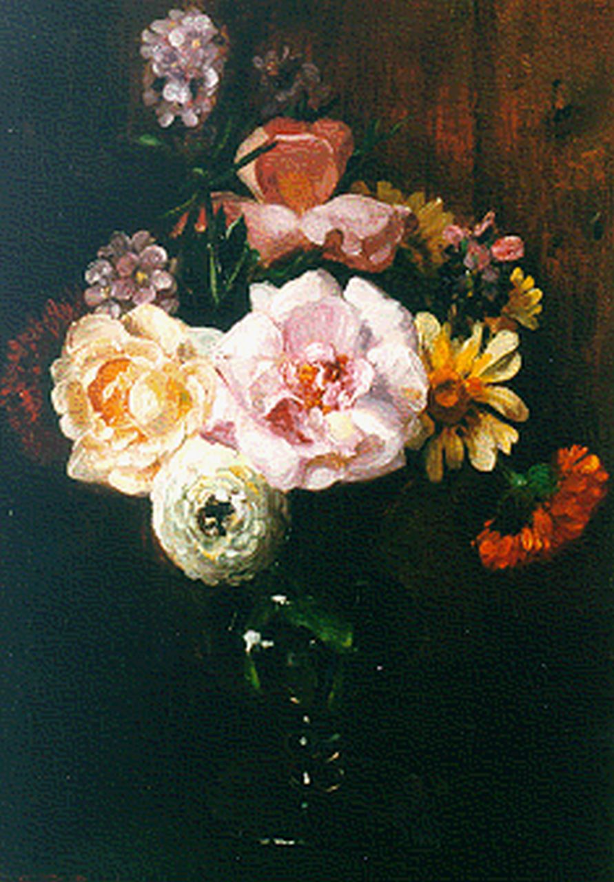 Roelofs jr. W.E.  | Willem Elisa Roelofs jr., Zomerboeket in glazen vaas, olieverf op schilderskarton 34,8 x 25,1 cm, gesigneerd linksonder