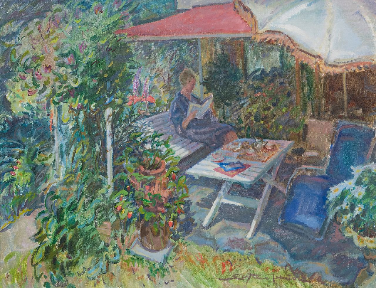 Sluijters jr. J.  | Jan Sluijters jr. | Schilderijen te koop aangeboden | Zonnig tuinterras met de vrouw van de schilder, olieverf op doek 50,3 x 65,3 cm, gesigneerd rechts van het midden.