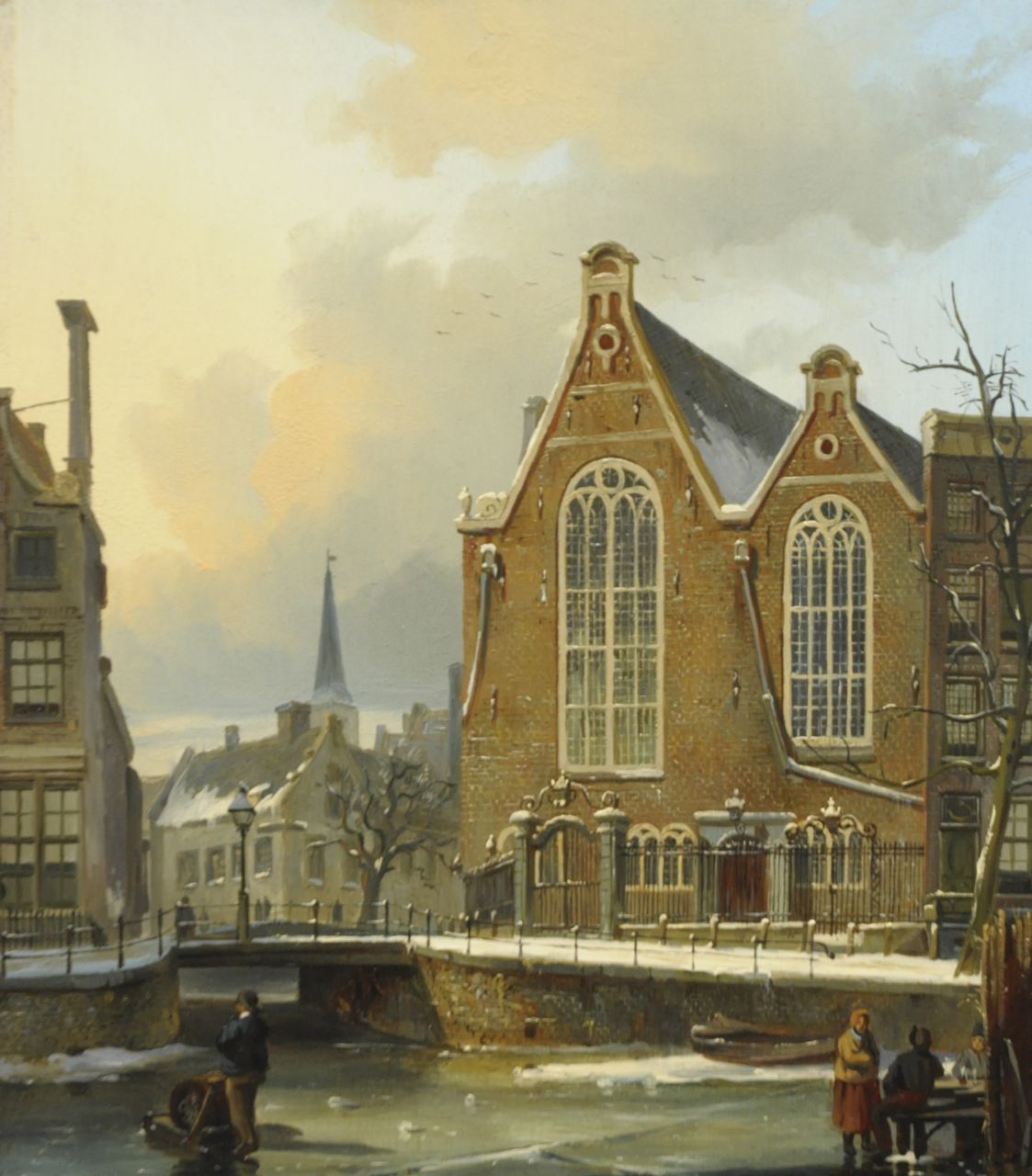 Behr C.J.  | Carel Jacobus Behr, Het Singel met de Oude Lutherse Kerk, Amsterdam, olieverf op paneel 26,3 x 23,2 cm, gesigneerd gesigneerd linksonder met initialen op de slee