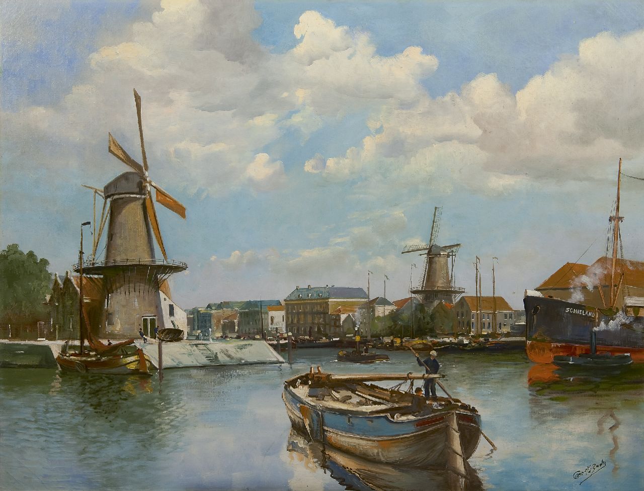 Cor van der Zwalm | Gezicht op Delfshaven met de molens De Distilleerketel en De Waakzaamheid, olieverf op doek, 74,9 x 98,4 cm, gesigneerd r.o.