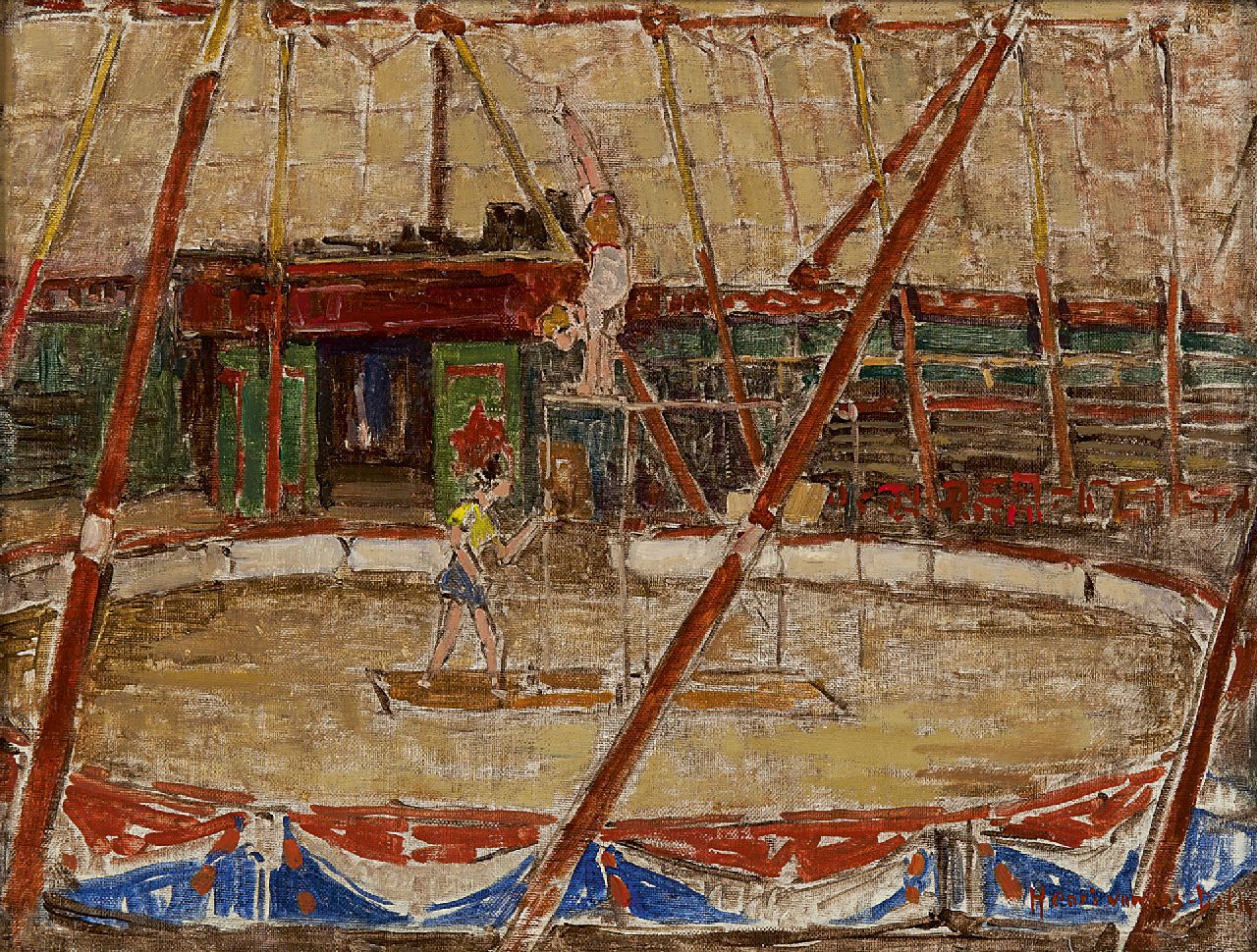 Os-Delhez (Hendrik van Os) H. van | Hendrik 'Henri' van Os-Delhez (Hendrik van Os) | Schilderijen te koop aangeboden | Ochtendtraining in het circus, olieverf op doek 25,0 x 32,8 cm, gesigneerd rechtsonder