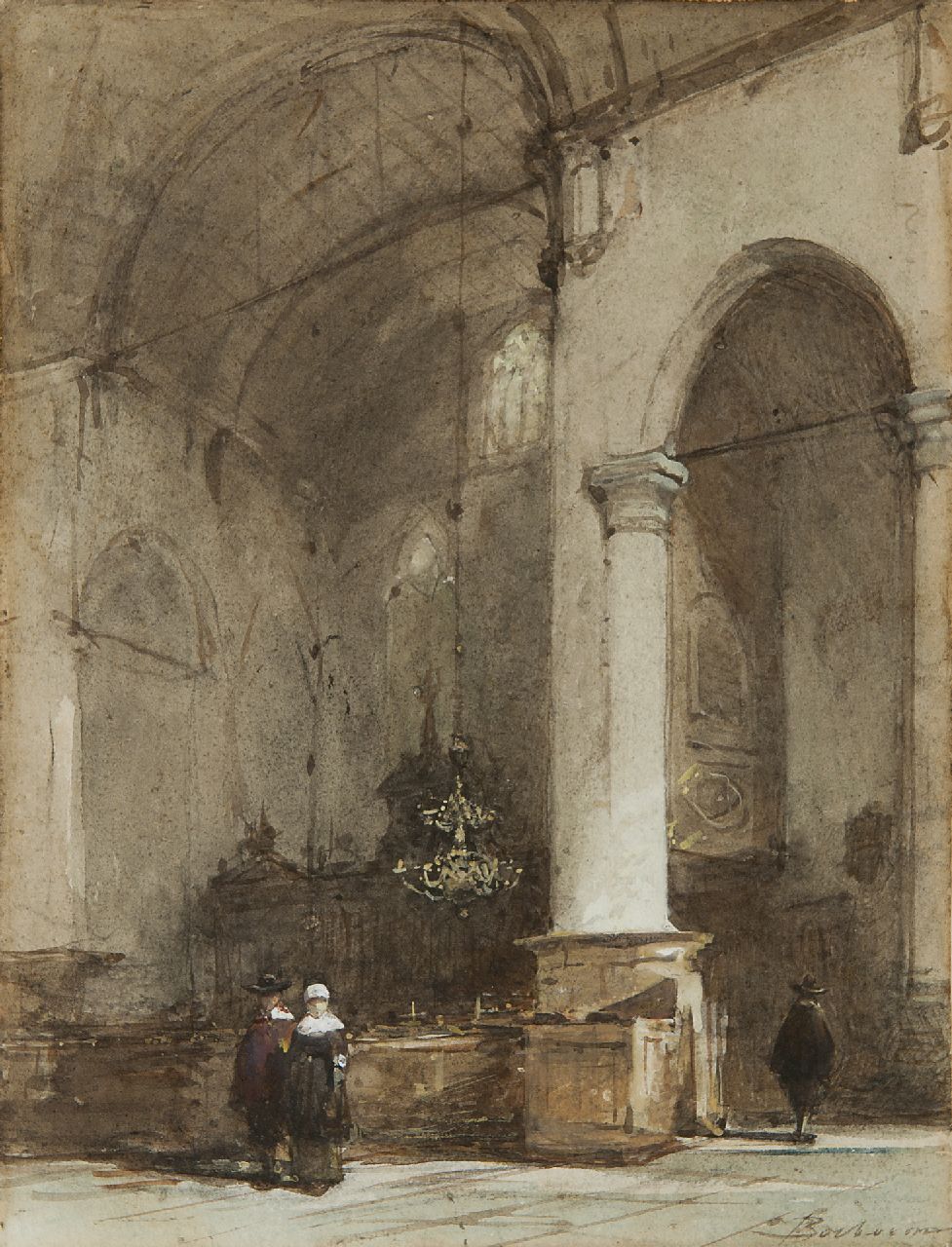 Bosboom J.  | Johannes Bosboom, Interieur van de Grote Kerk te Maassluis, aquarel op papier 28,0 x 21,5 cm, gesigneerd rechtsonder