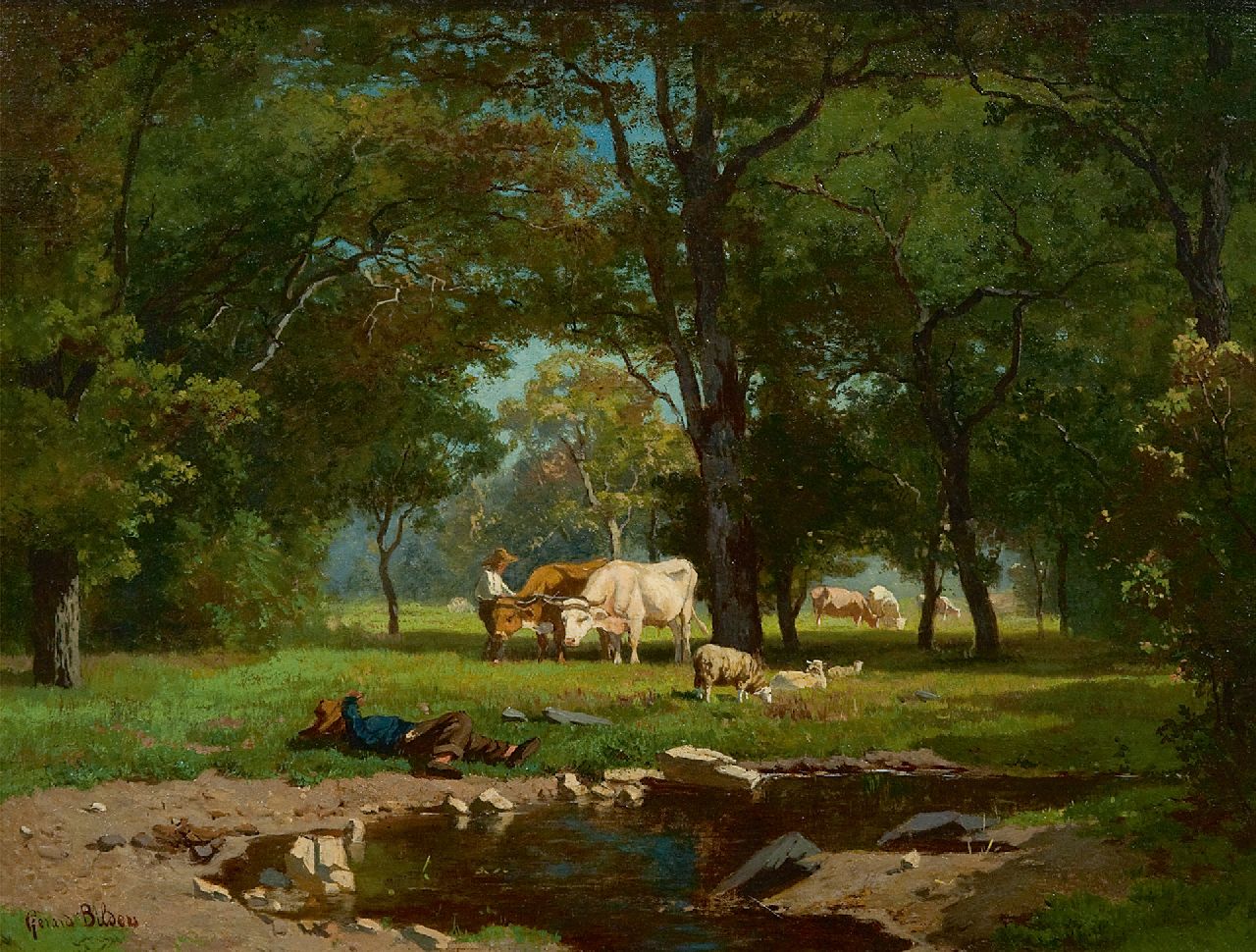 Gerard Bilders | Herders met vee bij een bosbeek, olieverf op doek, 31,0 x 41,2 cm, gesigneerd l.o. en te dateren begin jaren 1860
