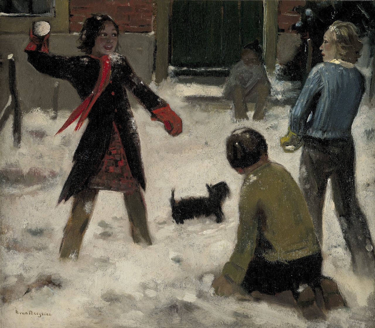 Meegeren H.A. van | Henricus Antonius 'Han' van Meegeren, Sneeuwballen gooien, olieverf op doek 63,0 x 71,0 cm, gesigneerd linksonder en te dateren ca. 1944-1945