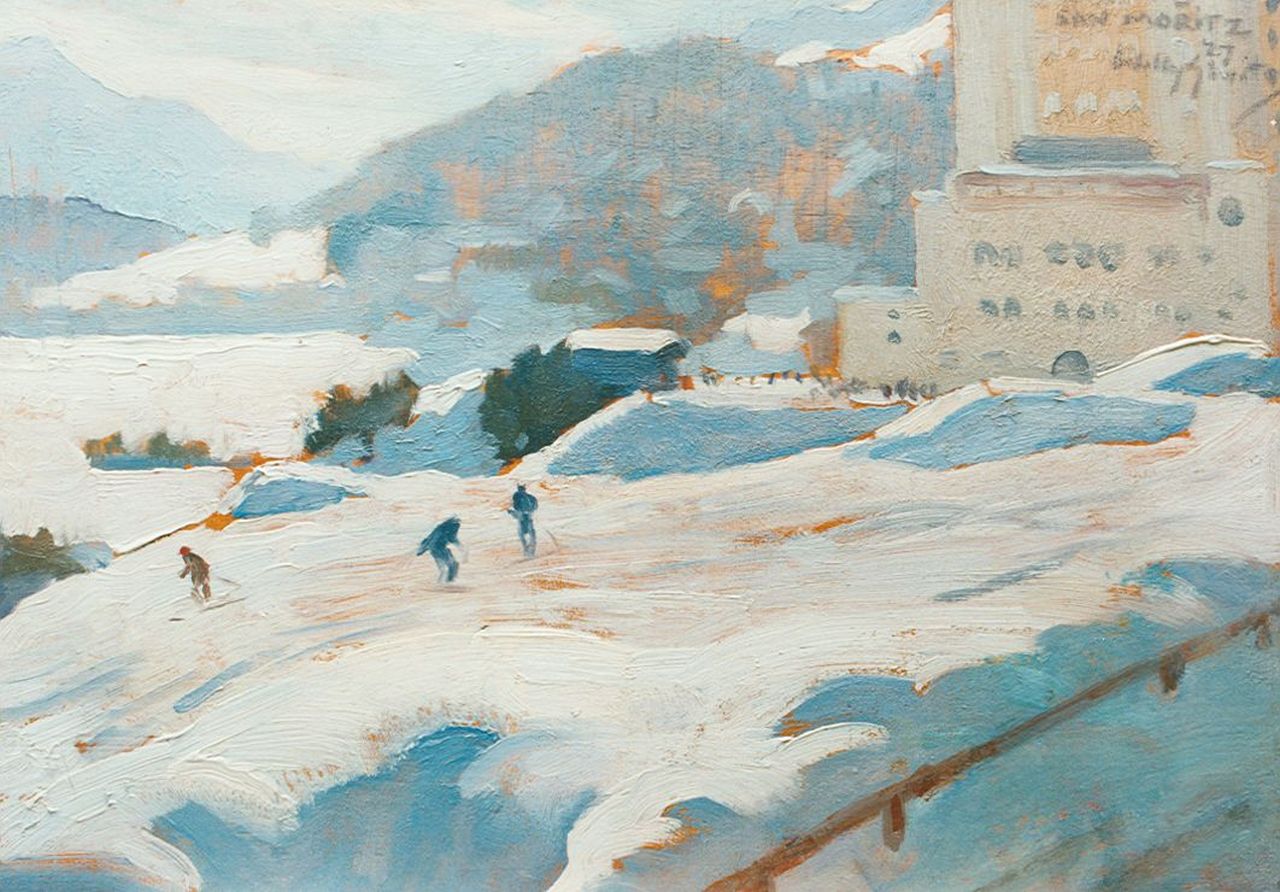 Sluiter J.W.  | Jan Willem 'Willy' Sluiter, Bergafwaarts in St. Moritz, 24,5 x 35,1 cm, gesigneerd rechtsboven en gedateerd '27