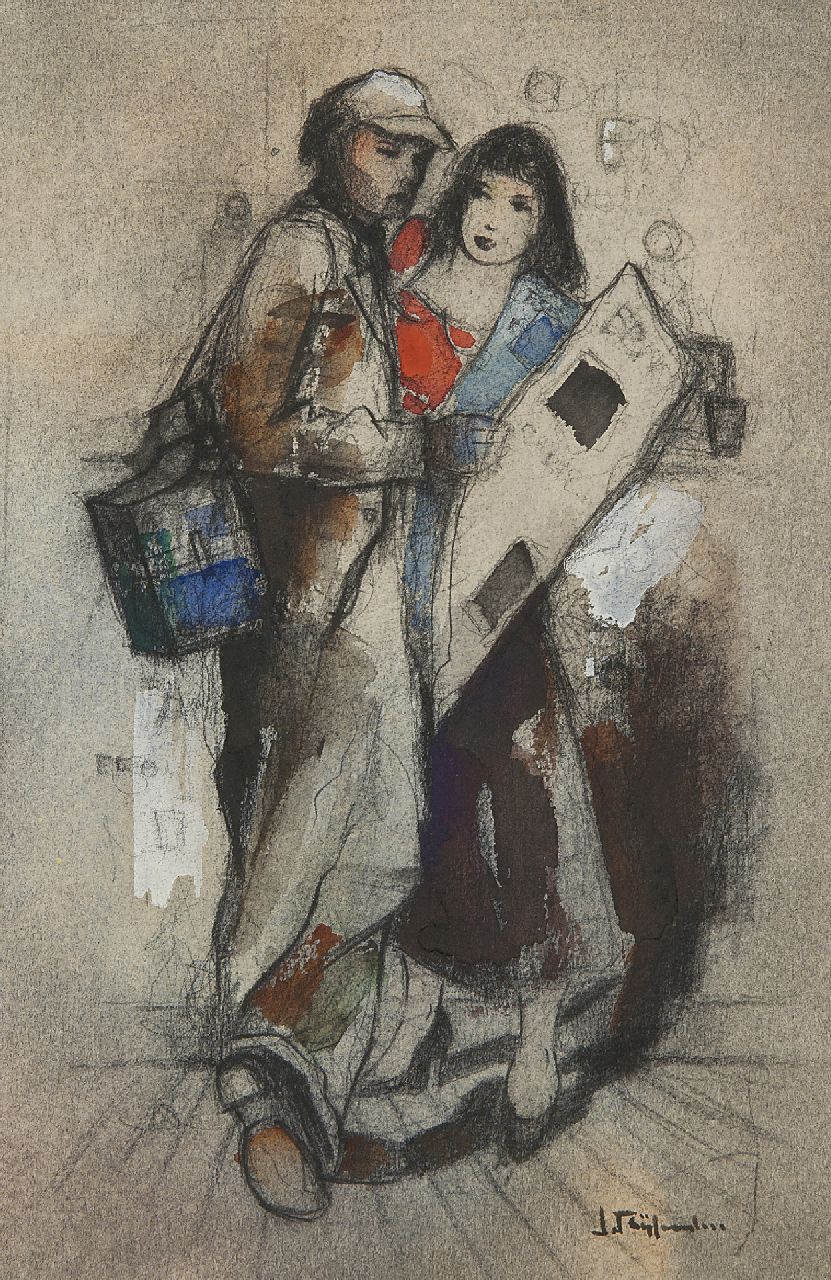 Rijlaarsdam J.  | Jan Rijlaarsdam, Muzikant en vrouw aan de bar, zwart krijt en aquarel op papier 26,3 x 17,5 cm, gesigneerd rechtsonder