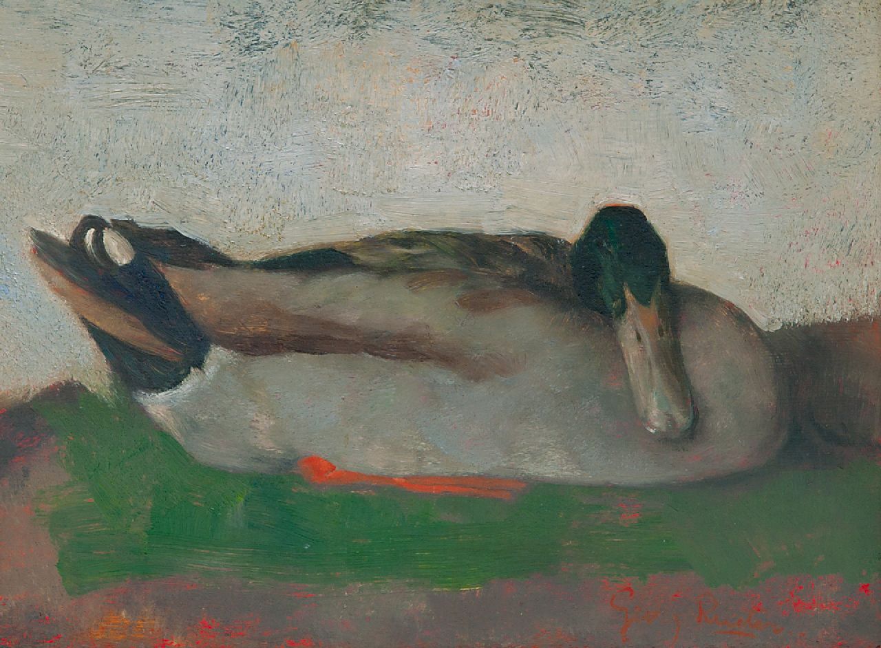 Rueter W.C.G.  | Wilhelm Christian 'Georg' Rueter | Schilderijen te koop aangeboden | Slapende eend, olieverf op paneel 23,5 x 32,2 cm, gesigneerd rechtsonder