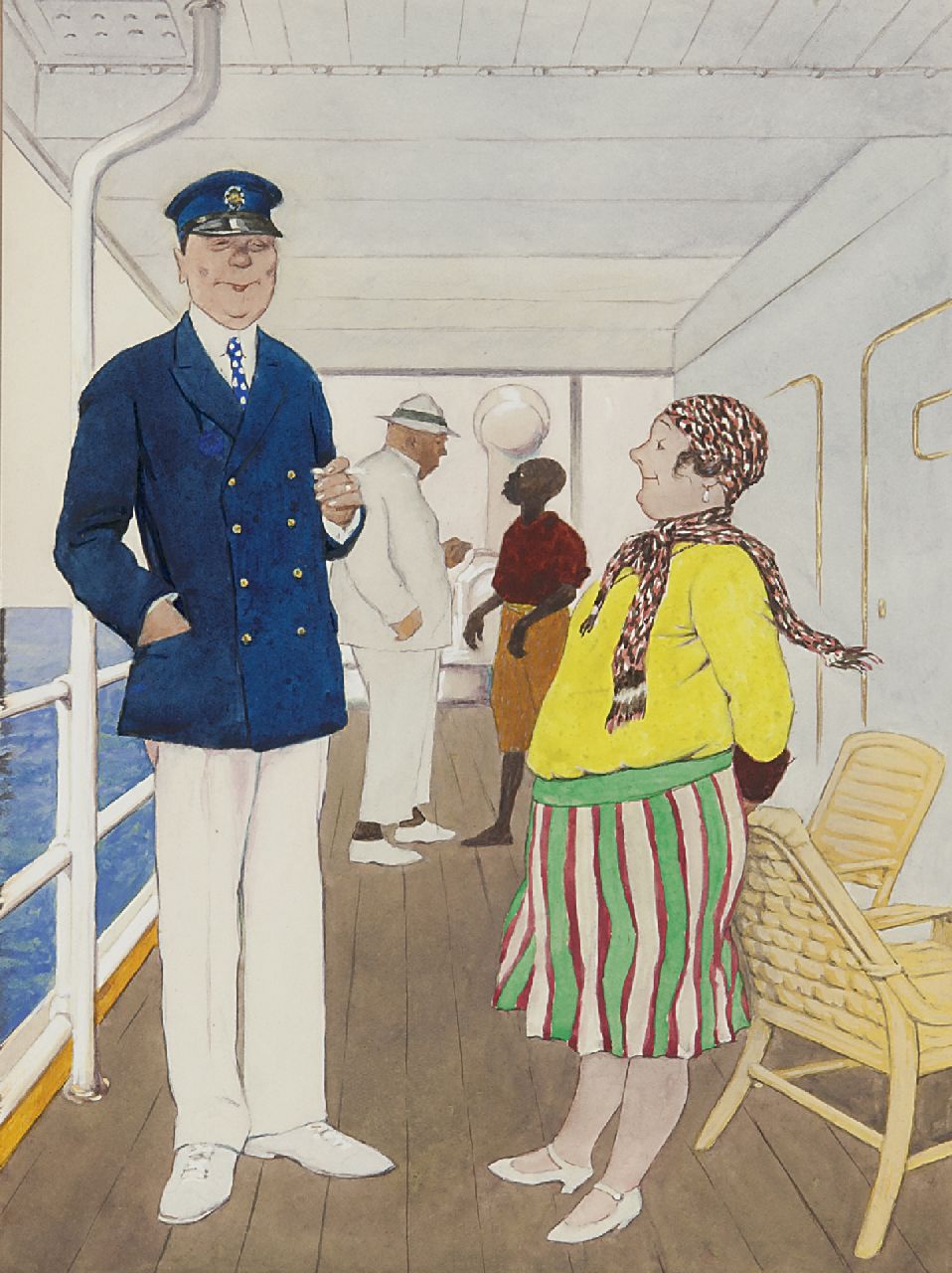Kirchner E.  | Eugen Kirchner, In gesprek met de kapitein, pen en inkt en aquarel op papier 23,9 x 17,9 cm, gesigneerd rechtsonder en te dateren ca. 1927