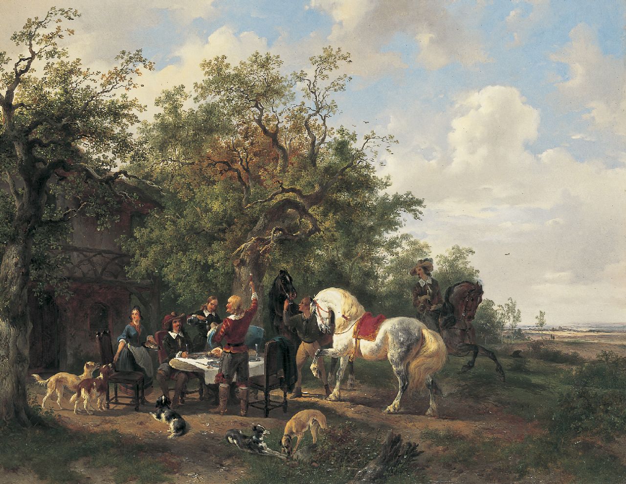 Verschuur W.  | Wouterus Verschuur, Gezelschap met paarden en honden bij een uitspanning, olieverf op doek 57,5 x 73,5 cm, gesigneerd rechtsonder en te dateren 1838-1840