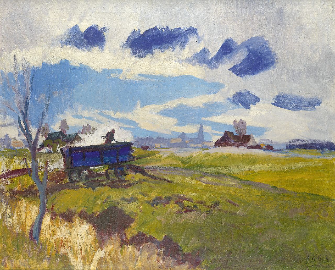 Altink J.  | Jan Altink, Gronings landschap met blauwe kar, olieverf op doek 64,1 x 78,2 cm, gesigneerd rechtsonder en te dateren ca. 1930