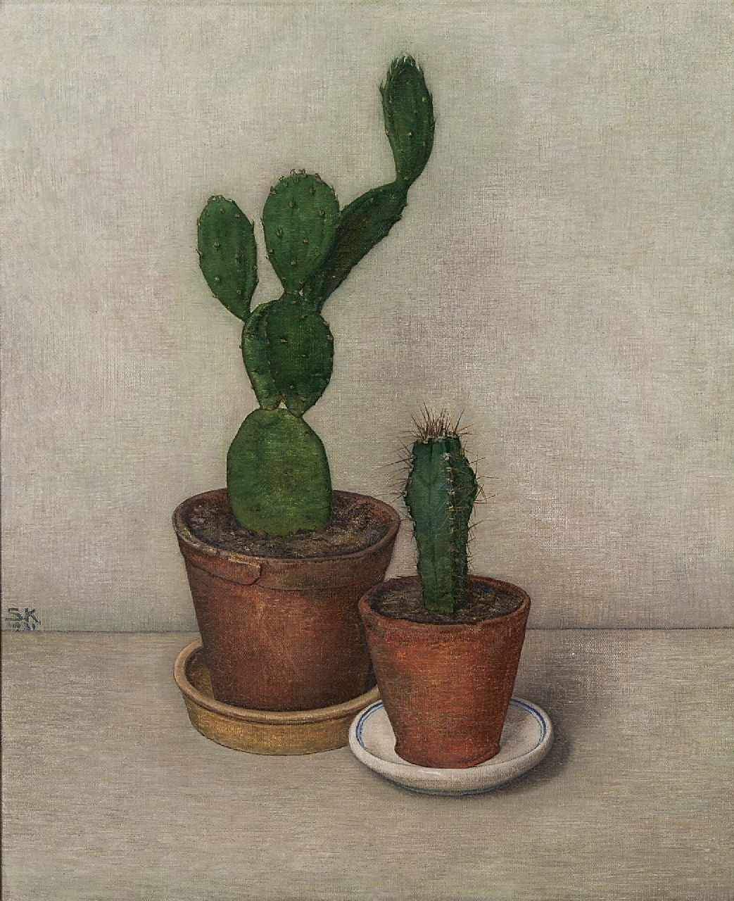 Suzanna Elisabeth Kneppelhout | Twee cactussen, olieverf op doek, 37,3 x 30,3 cm, gesigneerd l.m. met initialen en gedateerd 1931