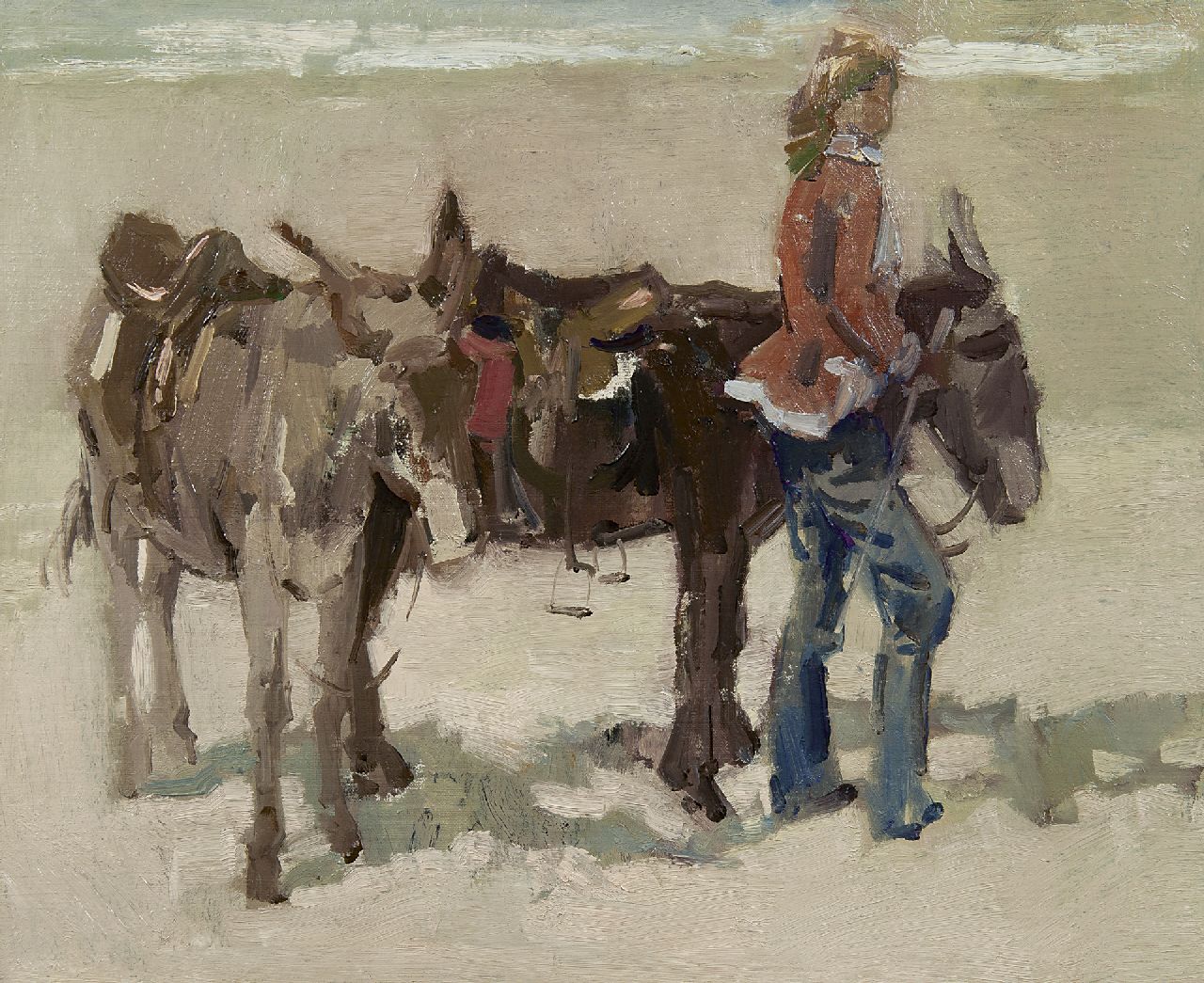 Boer H. de | Hessel de Boer, Meisje met ezels op het strand, olieverf op doek 46,0 x 55,8 cm