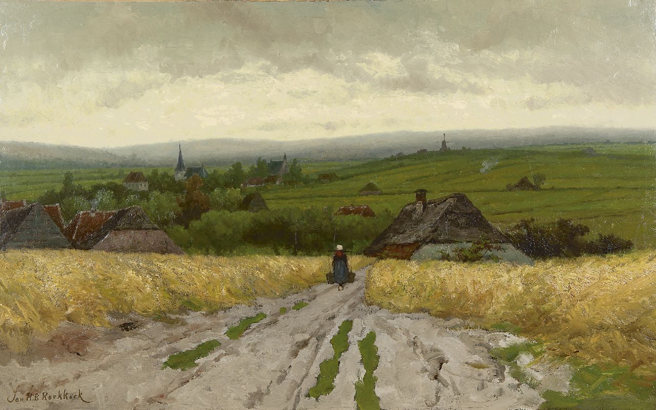Koekkoek J.H.B.  | Johannes Hermanus Barend 'Jan H.B.' Koekkoek, Panoramisch landschap met boerin op landweg, olieverf op doek 64,3 x 102,4 cm, gesigneerd linksonder