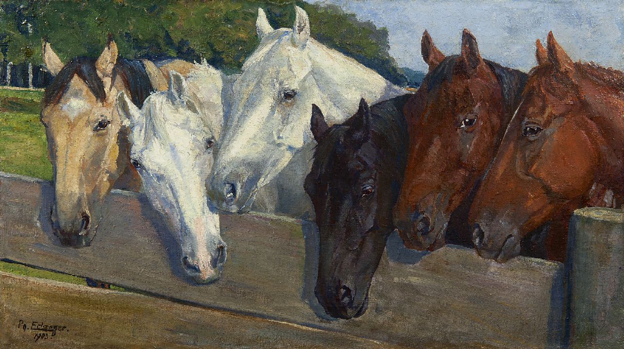 Erlanger P.J.  | Philipp Jakob Erlanger, Paarden bij het hek, olieverf op doek 38,4 x 67,7 cm, gesigneerd linksonder en gedateerd 1903
