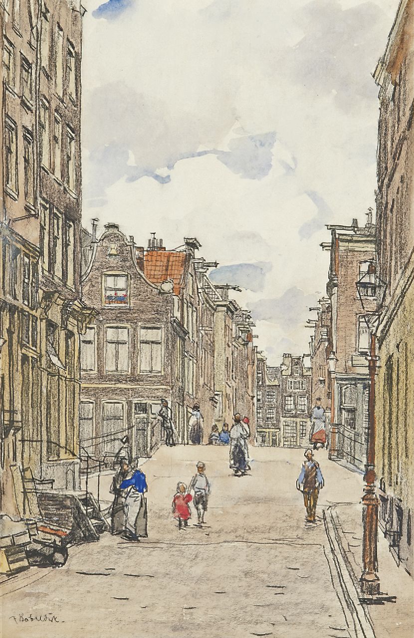 Bobeldijk F.  | Felicien Bobeldijk, De Tweede Leliedwarsstraat, hoek Eglantiersgracht, Amsterdam, krijt en aquarel op papier 34,0 x 22,3 cm, gesigneerd linksonder