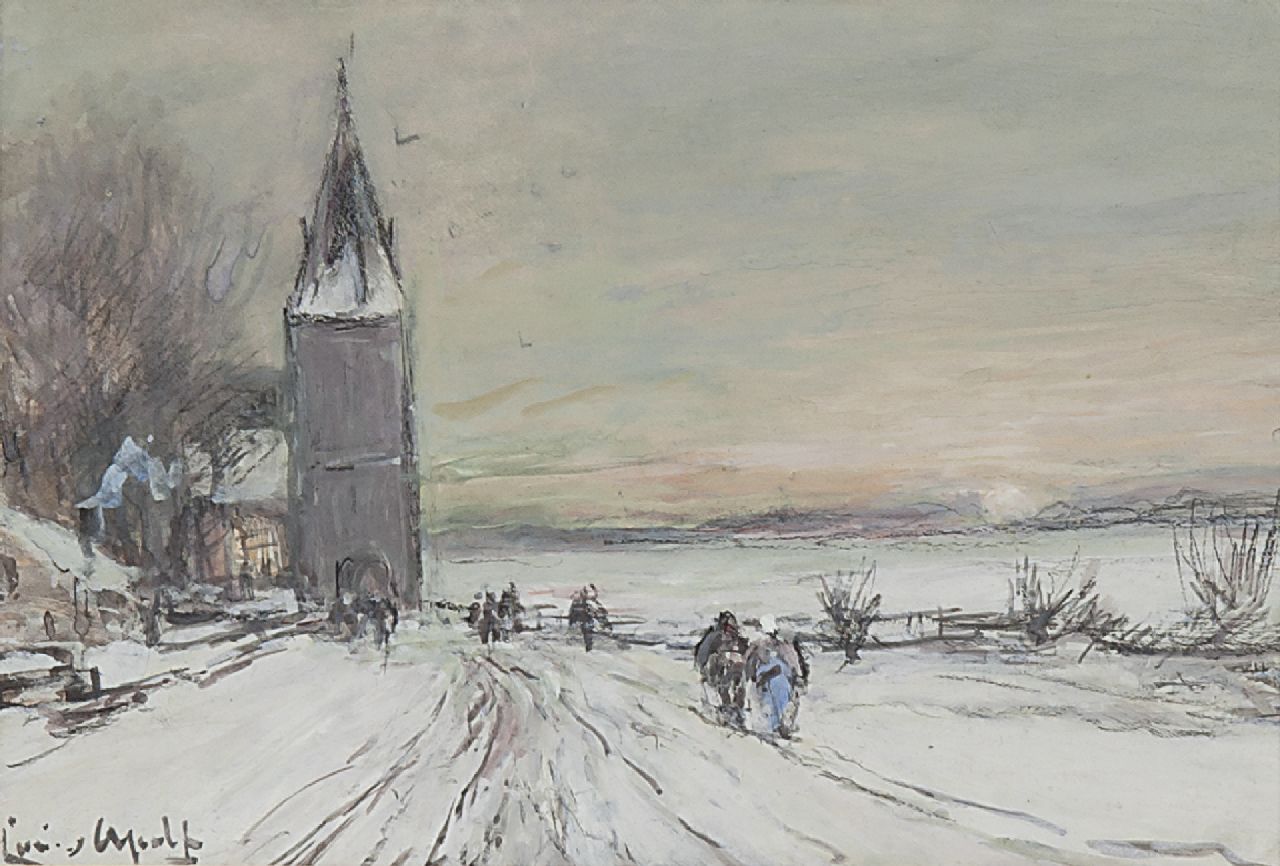 Apol L.F.H.  | Lodewijk Franciscus Hendrik 'Louis' Apol, Kerkgang bij winterweer, krijt en gouache op papier 11,9 x 16,8 cm, gesigneerd linksonder