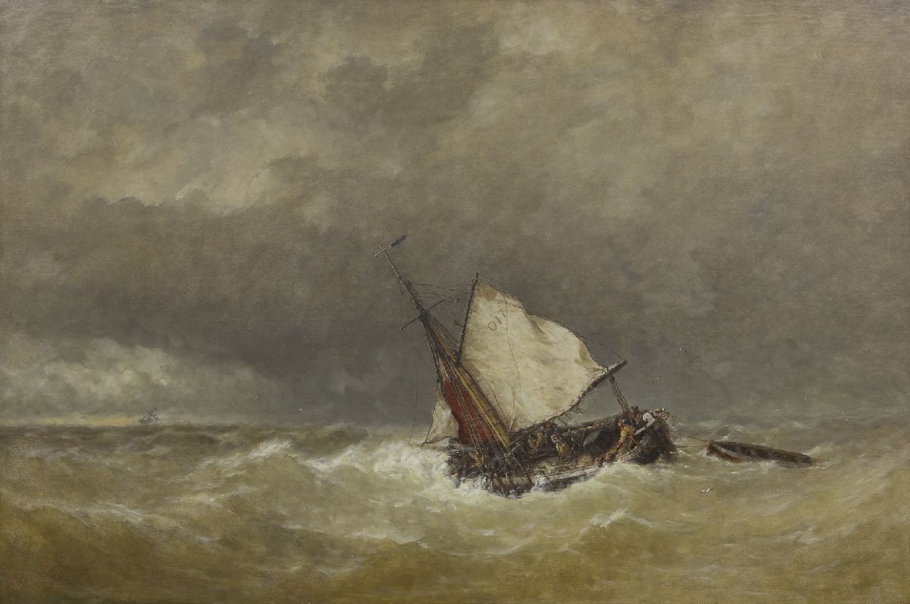 Schütz J.F. | Jan Frederik Schütz, Zeilschip op wilde zee, olieverf op doek 70,3 x 105,2 cm, gesigneerd linksonder en gedateerd '53 en '87 Schütz J.F. | Jan Frederik Schütz, Zeilschip op wilde zee, olieverf op doek 70,3 x 105,2 cm, gesigneerd linksonder en gedateerd '53 en '87