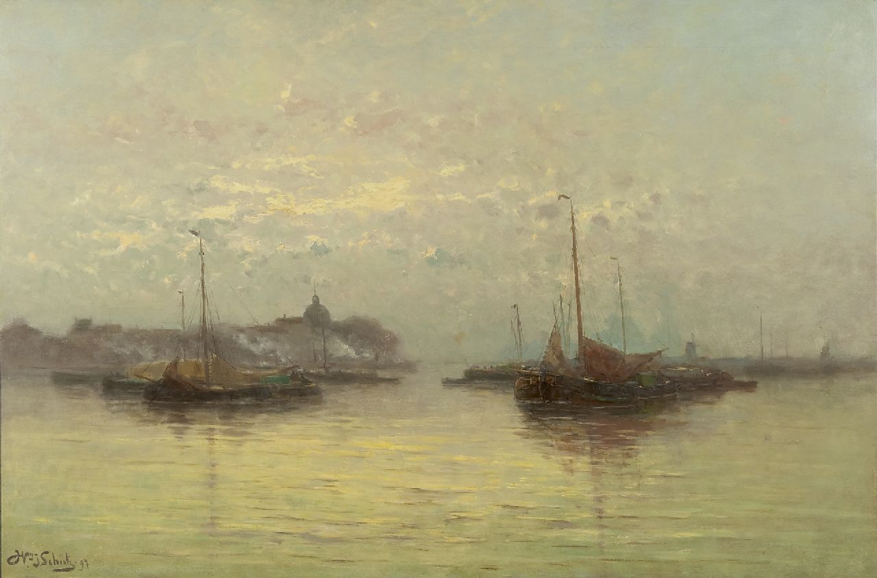Schütz W.J.  | Willem Johannes Schütz, Zeilschepen voor anker (bij Dordrecht), olieverf op doek 70,5 x 105,2 cm, gesigneerd linksonder en gedateerd '97