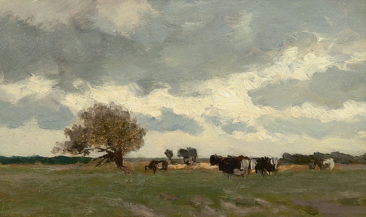 Weissenbruch H.J.  | Hendrik Johannes 'J.H.' Weissenbruch, Landschap met koeien, olieverf op paneel 15,0 x 25,1 cm