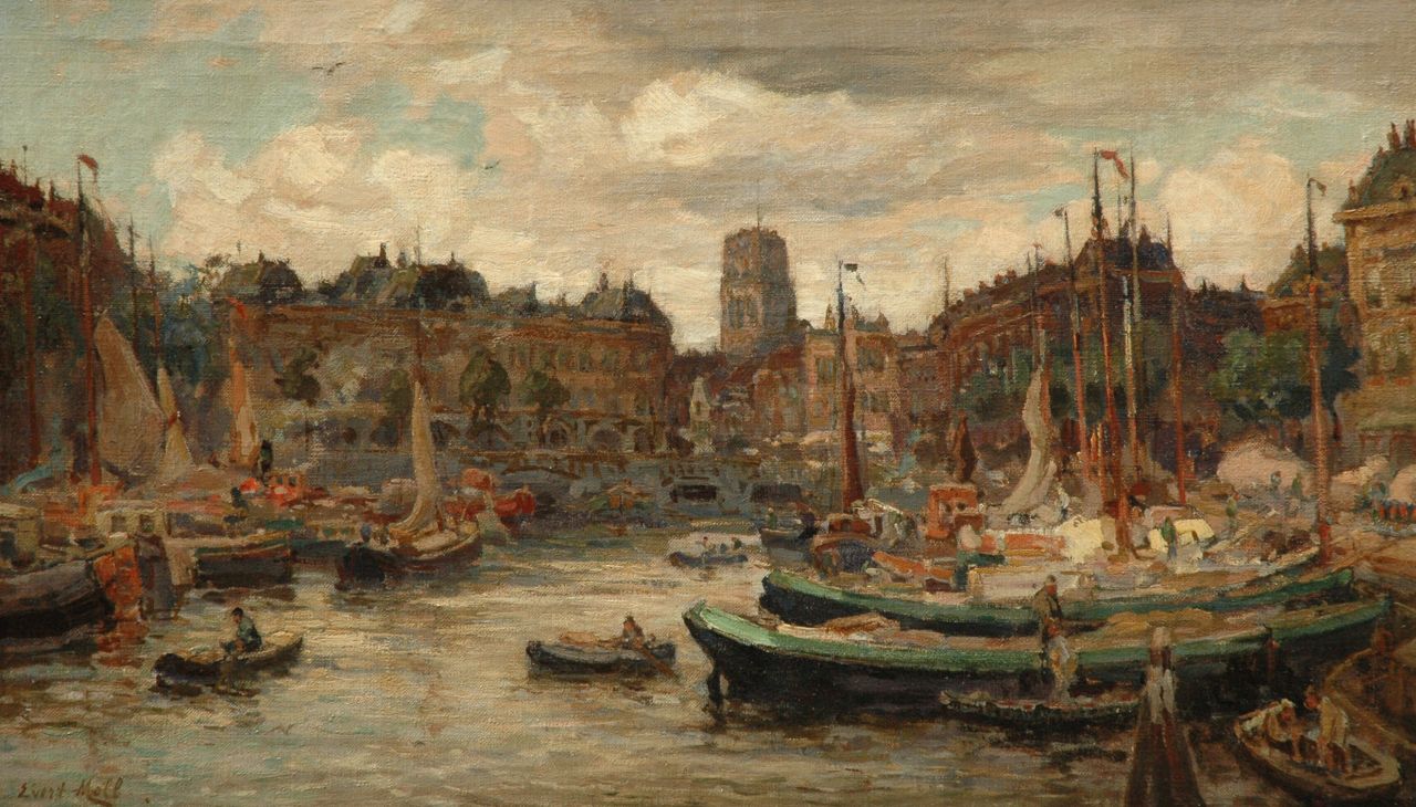 Moll E.  | Evert Moll, De Oude Haven met de Sint Laurenskerk, Rotterdam, olieverf op doek 35,4 x 61,1 cm, gesigneerd linksonder