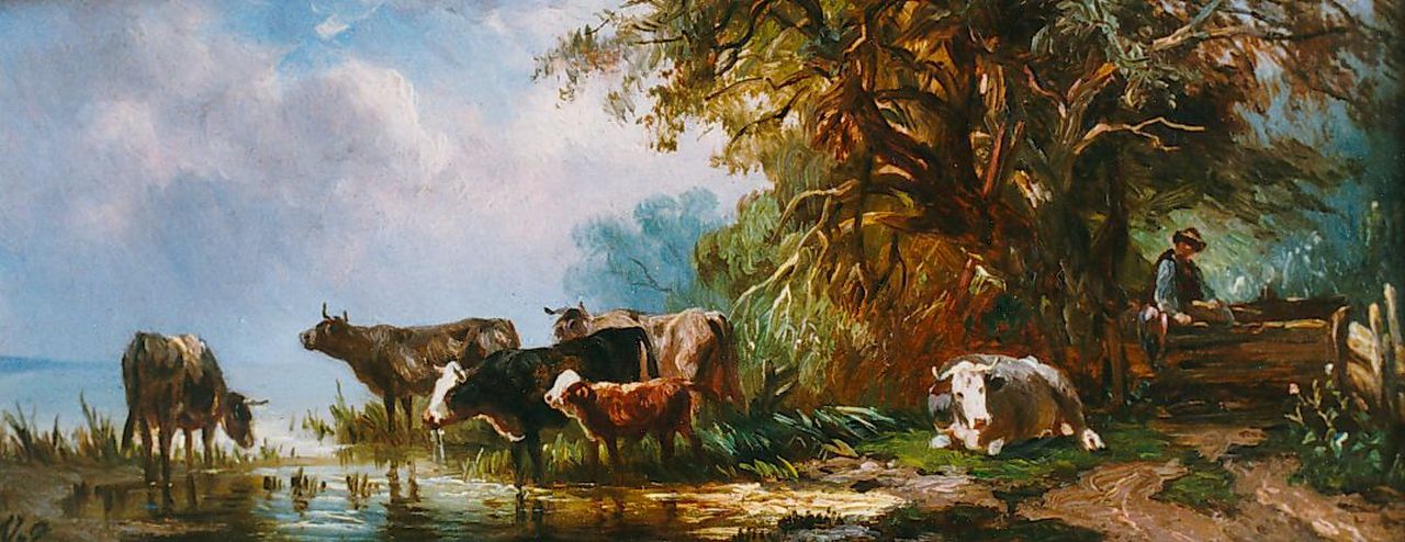 Prooijen A.J. van | Albert Jurardus van Prooijen, Drinkend vee aan de bosrand, olieverf op paneel 7,2 x 17,3 cm, gesigneerd linksonder