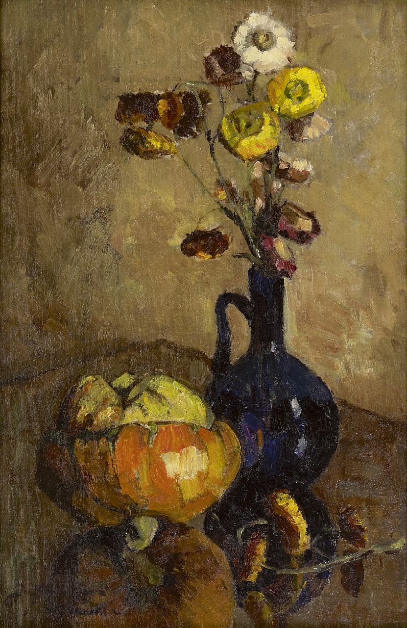 Groningen-Laurillard J.A.G. van | 'Jacoba' Adriana Geertruida van Groningen-Laurillard, Stilleven met gedroogde bloemen en pompoen, olieverf op doek 60,0 x 40,0 cm, gesigneerd linksonder