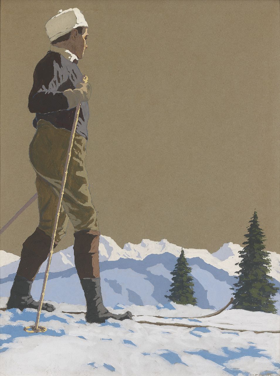 Hodiener/Hodina H.  | Hugo Hodiener/Hodina, Pionier op de skies, gouache op papier 57,0 x 43,2 cm, gesigneerd rechtsonder en gedateerd 1913